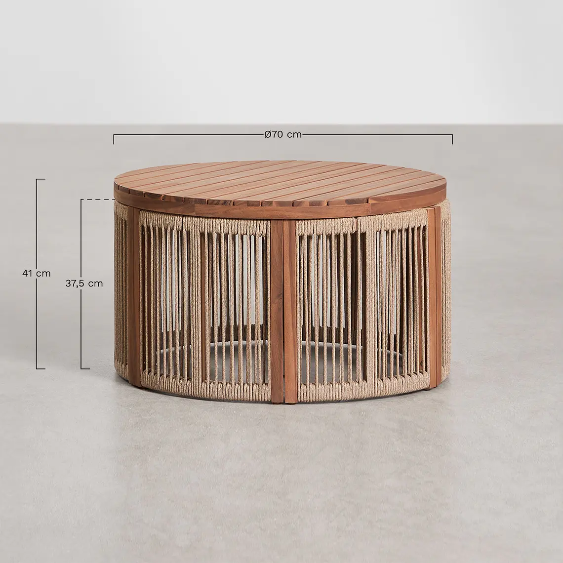 Mesa de centro para jardín redonda Ø70 cm en madera de acacia y cuerda trenzada Branova 9