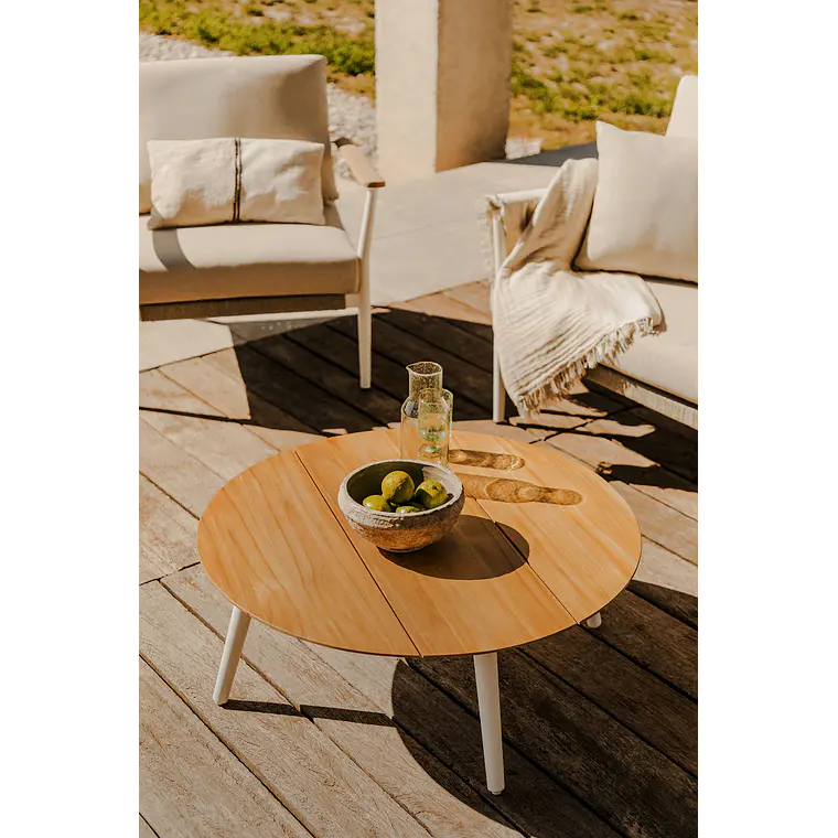 Mesa de centro para jardín redonda Ø80 cm en madera de teca y aluminio Neria 1