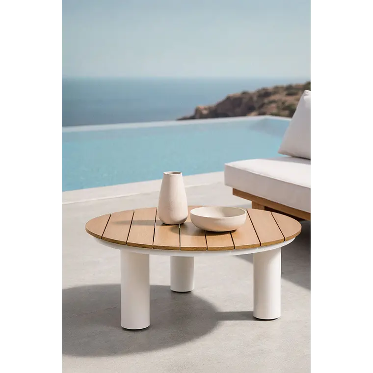 Mesa de centro para jardín redonda Ø80 cm en madera de teca y aluminio Valena 1