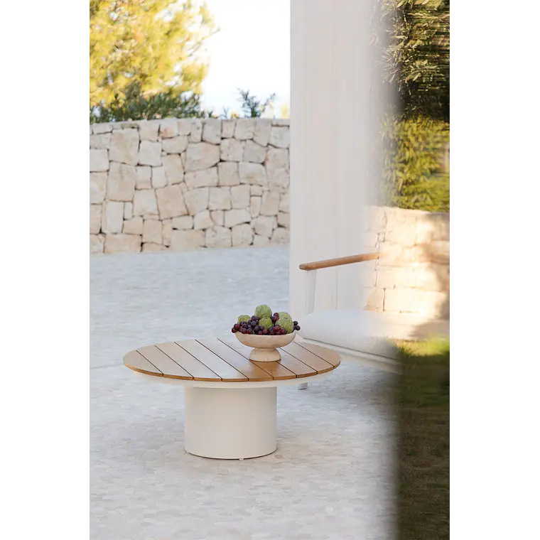 Mesa de centro para jardín redonda Ø90 cm en madera de teca y aluminio Varena 1
