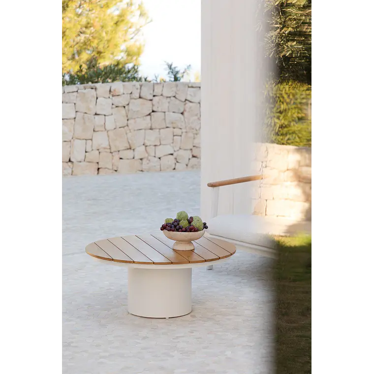 Mesa de centro para jardín redonda Ø90 cm en madera de teca y aluminio Varena 2