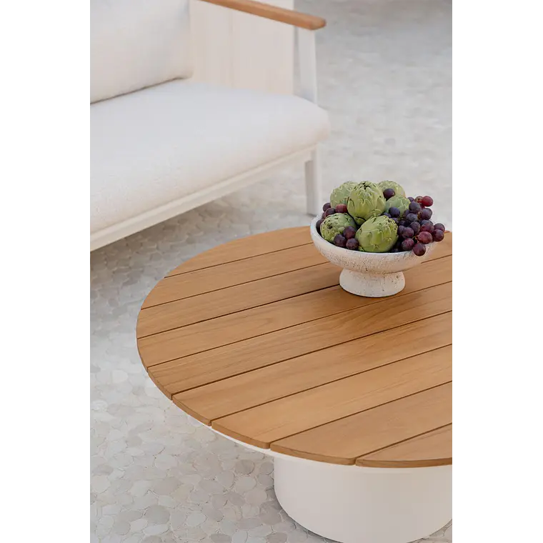 Mesa de centro para jardín redonda Ø90 cm en madera de teca y aluminio Varena 3
