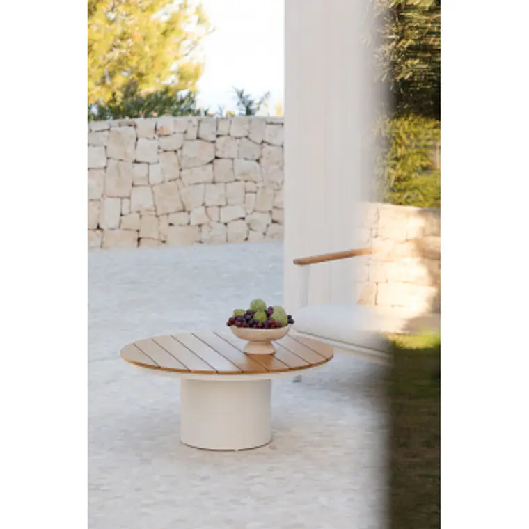 Mesa de centro para jardín redonda Ø90 cm en madera de teca y aluminio Varena 9
