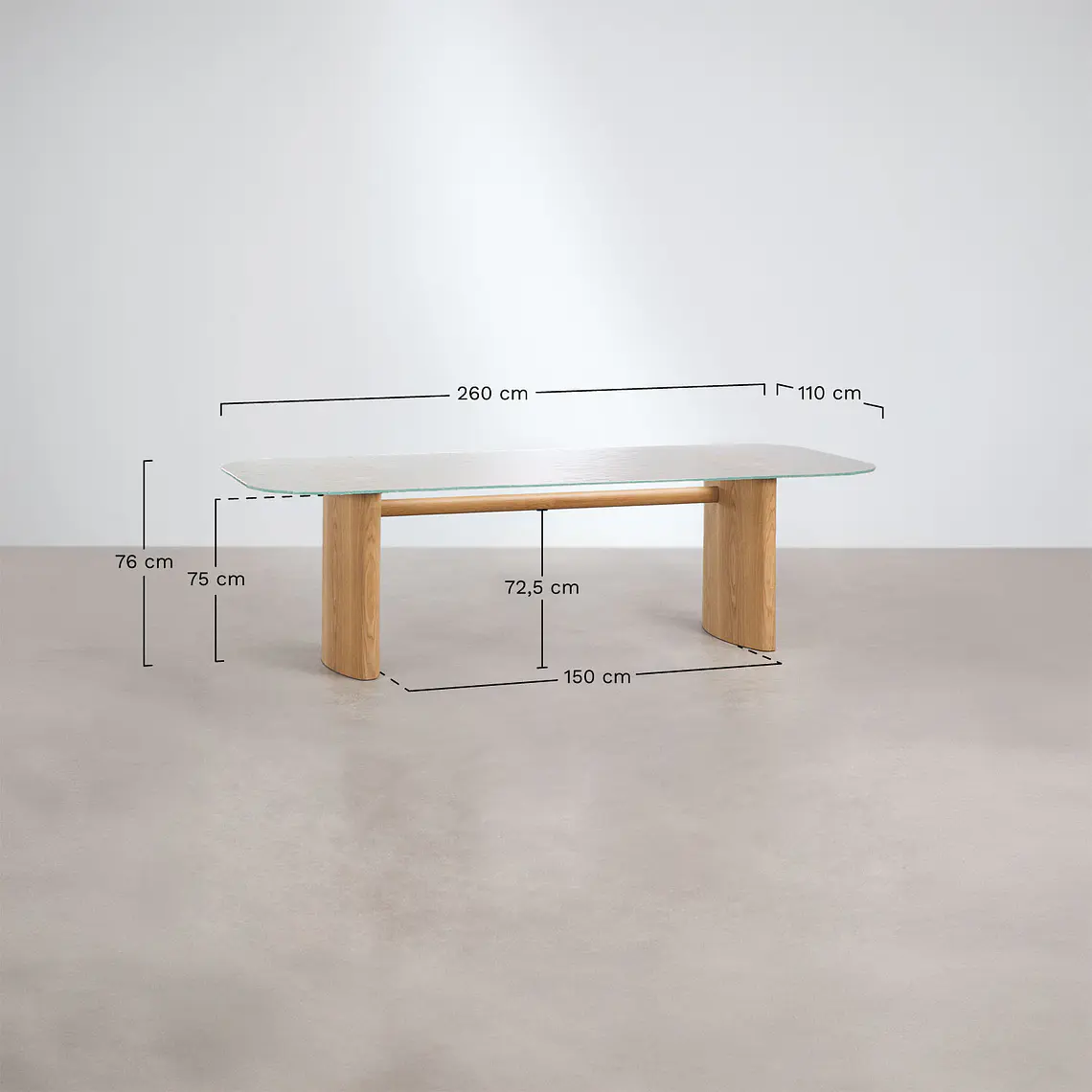 Mesa de comedor rectangular 260x110 cm en vidrio templado y MDF 10