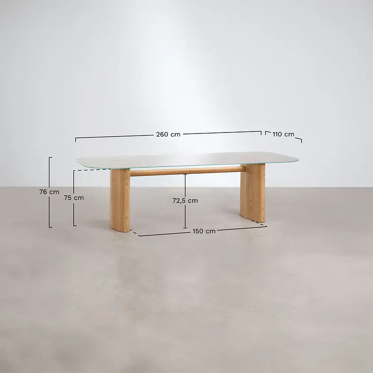 Mesa de comedor rectangular 260x110 cm en vidrio templado y MDF 10