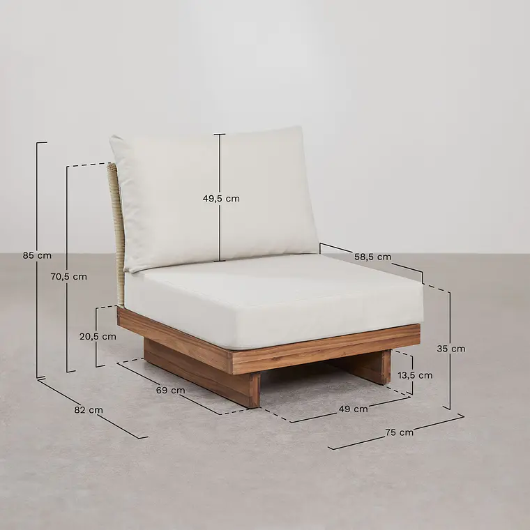 Módulo central para sofá modular de jardín en madera de acacia y cuerda trenzada Selena 10