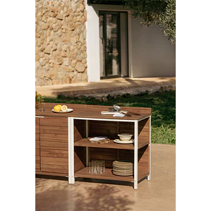 Módulo de almacenaje con estantes para cocina modular de exterior en madera de acacia y aluminio Arenira