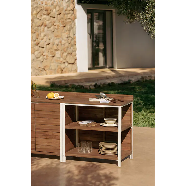 Módulo de almacenaje con estantes para cocina modular de exterior en madera de acacia y aluminio Arenira 1