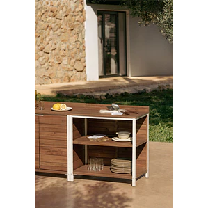 Módulo de almacenaje con estantes para cocina modular de exterior en madera de acacia y aluminio Arenira