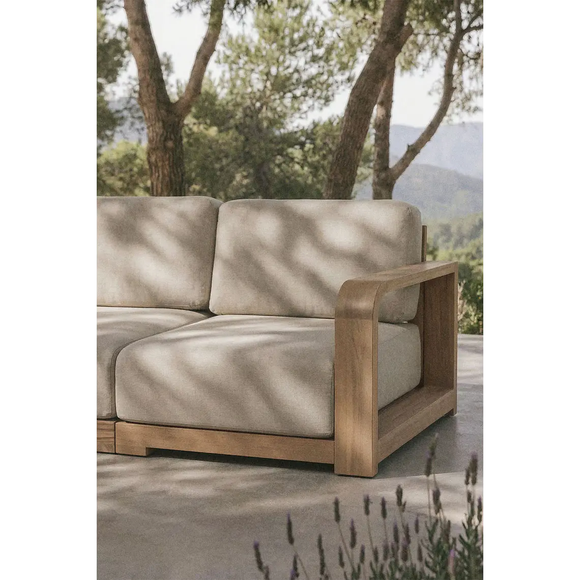 Módulo esquinero derecho para sofá modular de jardín en madera de acacia Zenova 1