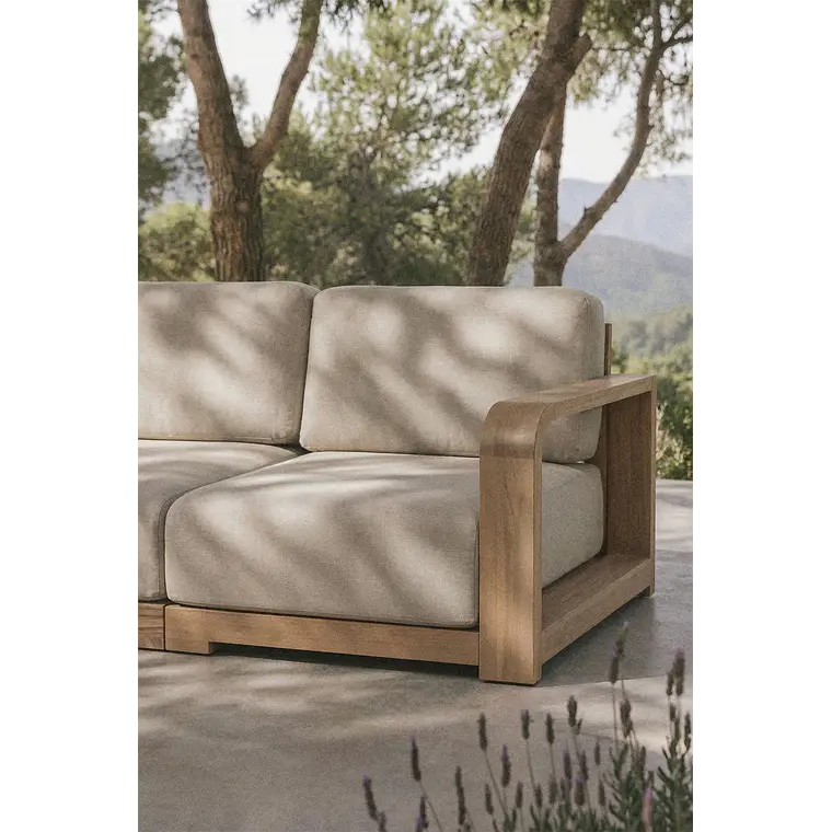 Módulo esquinero derecho para sofá modular de jardín en madera de acacia Zenova 2