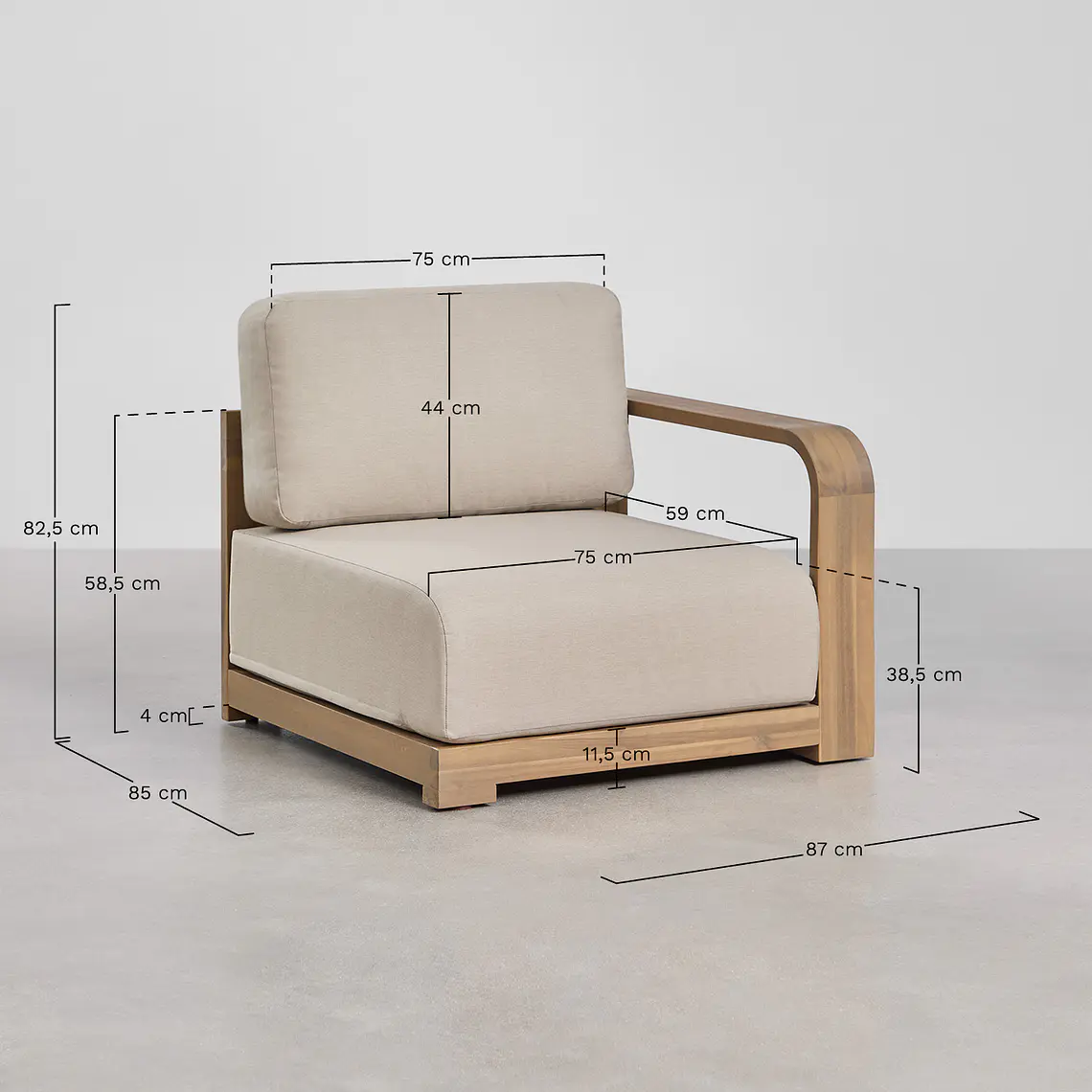 Módulo esquinero derecho para sofá modular de jardín en madera de acacia Zenova 12