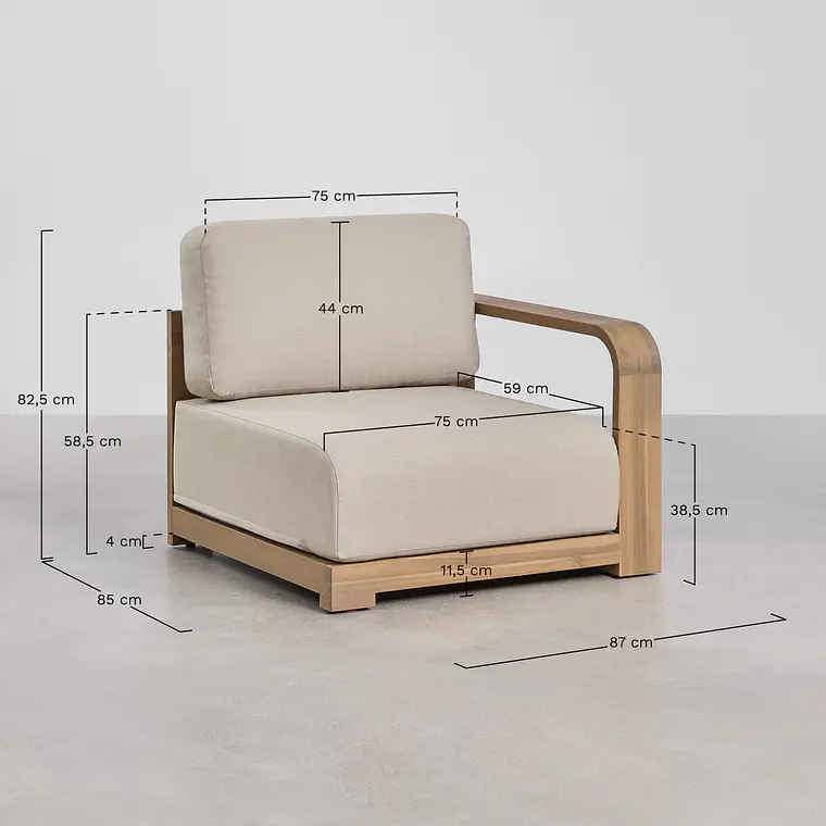Módulo esquinero derecho para sofá modular de jardín en madera de acacia Zenova 12