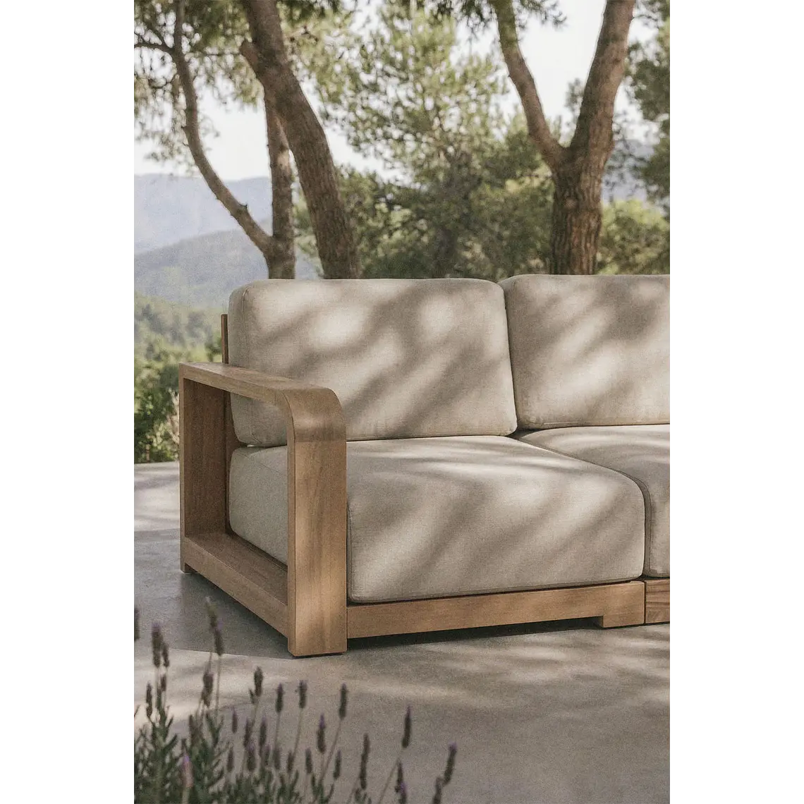Módulo esquinero izquierdo para sofá modular de jardín en madera de acacia Brenova 1