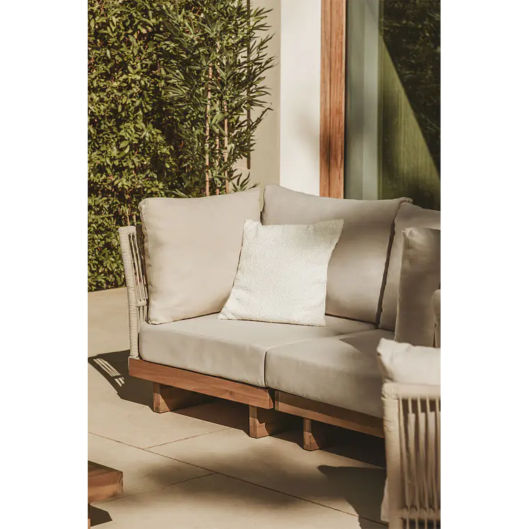 Módulo esquinero para sofá modular de jardín en madera de acacia y cuerda trenzada Salena 1