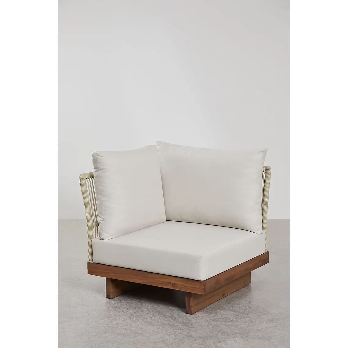 Módulo esquinero para sofá modular de jardín en madera de acacia y cuerda trenzada Salena 4
