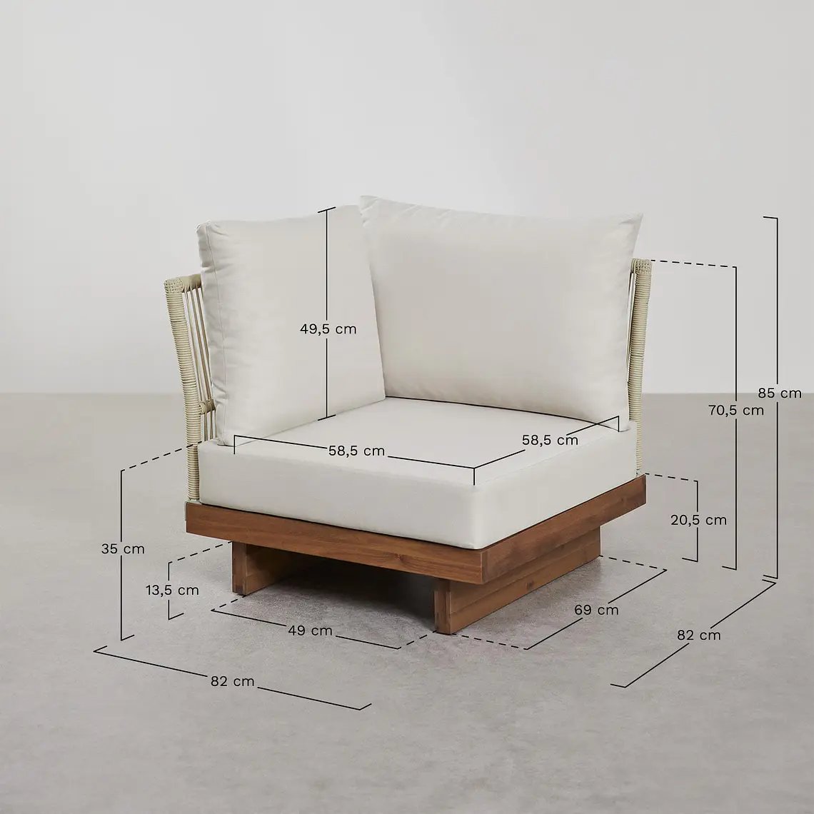Módulo esquinero para sofá modular de jardín en madera de acacia y cuerda trenzada Salena 12