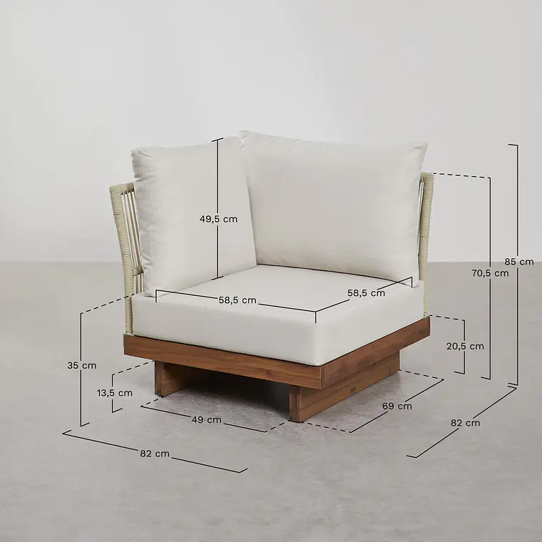 Módulo esquinero para sofá modular de jardín en madera de acacia y cuerda trenzada Salena 12