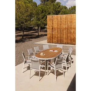 Set de mesa ovalada 260x110 cm en aluminio y madera de teca y 10 sillas de jardín apilables en aluminio Vinena