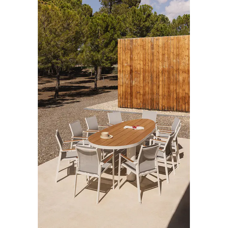 Set de mesa ovalada 260x110 cm en aluminio y madera de teca y 10 sillas de jardín apilables en aluminio Vinena 1