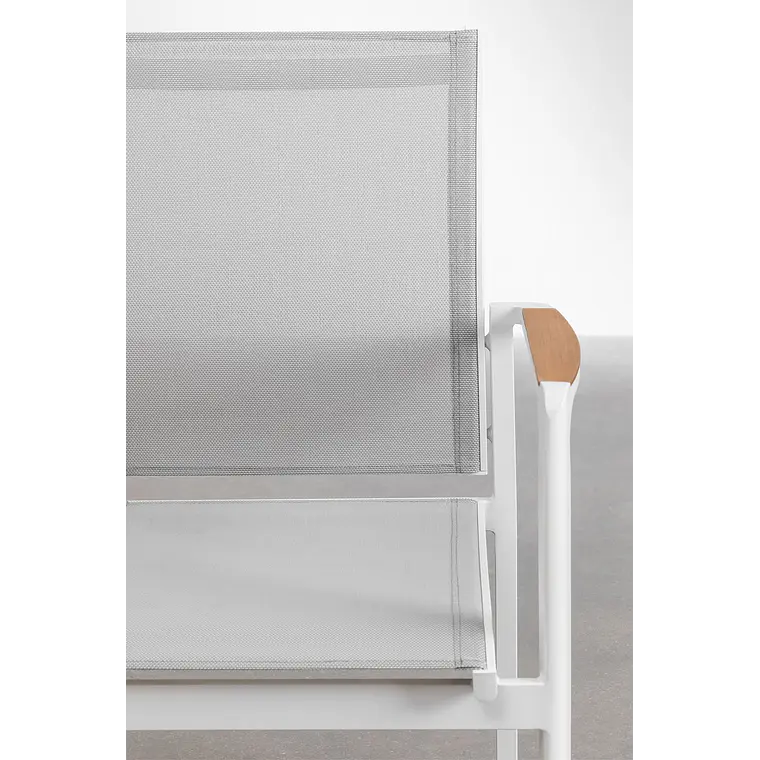 Set de mesa ovalada 260x110 cm en aluminio y madera de teca y 10 sillas de jardín apilables en aluminio Vinena 8