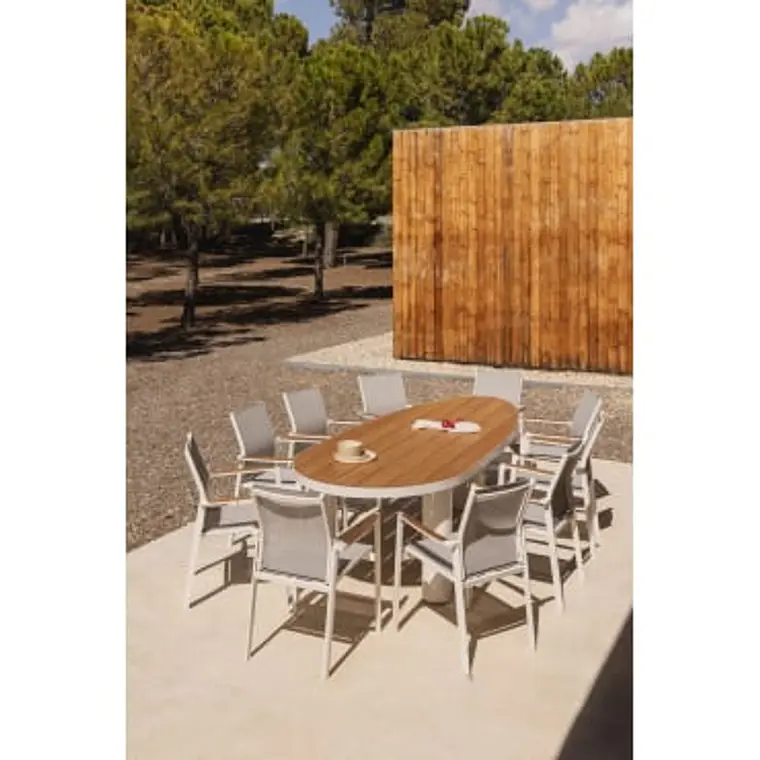 Set de mesa ovalada 260x110 cm en aluminio y madera de teca y 10 sillas de jardín apilables en aluminio Vinena 11