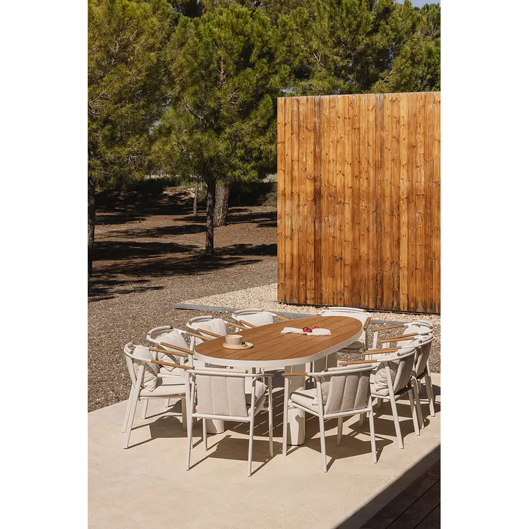 Set de mesa ovalada 260x110 cm en aluminio y madera de teca y 10 sillas de jardín en aluminio y tela bouclé Terena 1