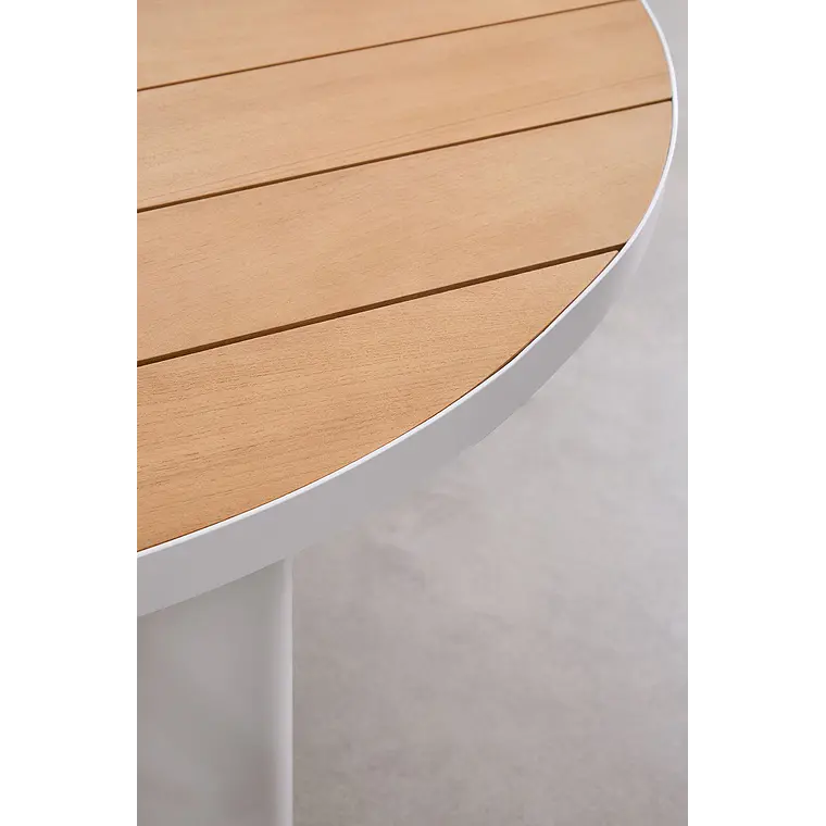 Set de mesa ovalada 260x110 cm en aluminio y madera de teca y 10 sillas de jardín en aluminio y tela bouclé Terena 3