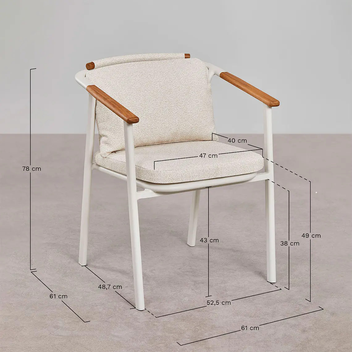 Set de mesa ovalada 260x110 cm en aluminio y madera de teca y 10 sillas de jardín en aluminio y tela bouclé Terena 10