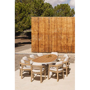 Set de mesa ovalada 260x110 cm en aluminio y madera de teca y 10 sillas de jardín en madera de acacia Delora
