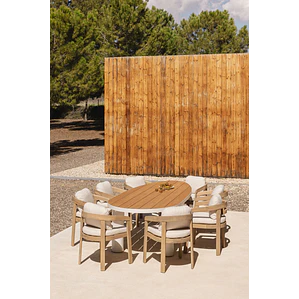 Set de mesa ovalada 260x110 cm en aluminio y madera de teca y 8 sillas de jardín en madera de acacia Dareva
