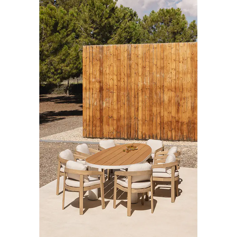 Set de mesa ovalada 260x110 cm en aluminio y madera de teca y 8 sillas de jardín en madera de acacia Dareva 1