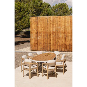 Set de mesa ovalada 260x110 cm en aluminio y madera de teca y 8 sillas de jardín en madera de acacia Dareva