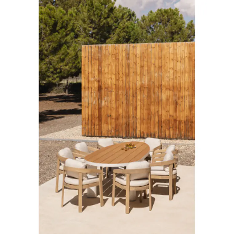 Set de mesa ovalada 260x110 cm en aluminio y madera de teca y 8 sillas de jardín en madera de acacia Dareva 12