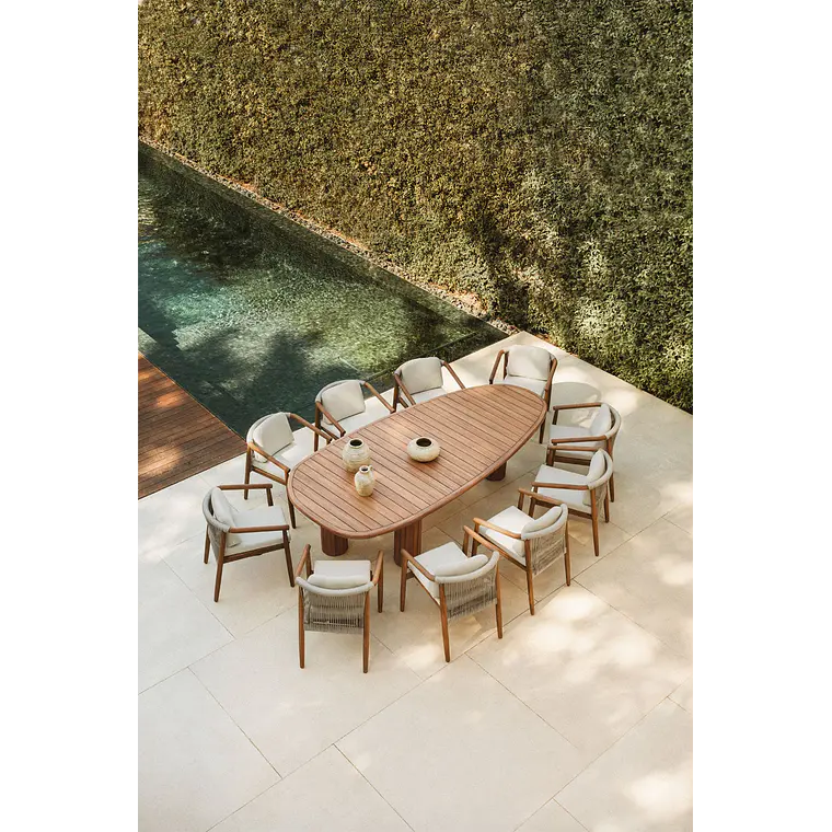 Set de mesa ovalada 260x120 cm en madera de acacia y 10 sillas de jardín en madera de eucalipto Dunena 1