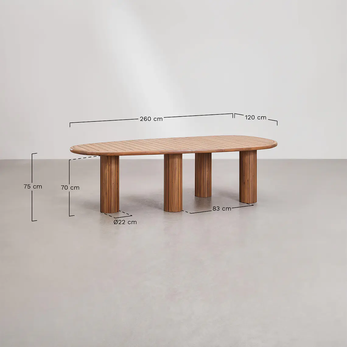 Set de mesa ovalada 260x120 cm en madera de acacia y 10 sillas de jardín en madera de eucalipto Dunena 10