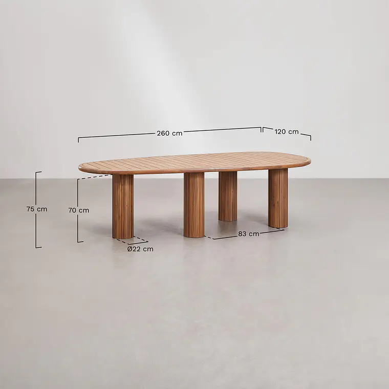 Set de mesa ovalada 260x120 cm en madera de acacia y 10 sillas de jardín en madera de eucalipto Dunena 10