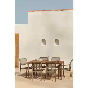 Set de mesa rectangular 160x90 cm en aluminio y madera de teca y 6 sillas apilables en aluminio y cuerda trenzada Elania