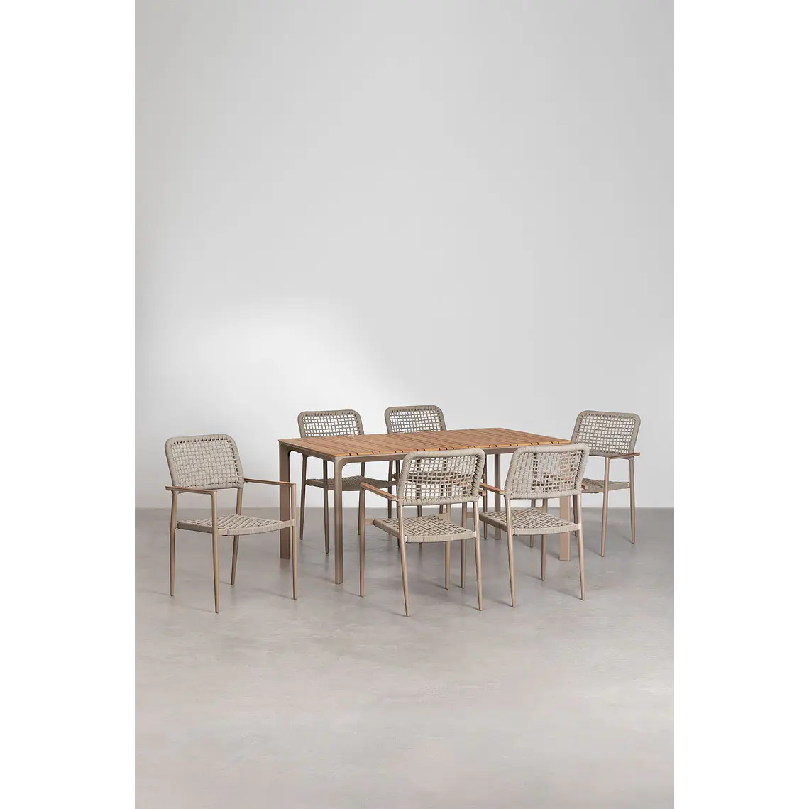 Set de mesa rectangular 160x90 cm en aluminio y madera de teca y 6 sillas apilables en aluminio y cuerda trenzada Elania 2