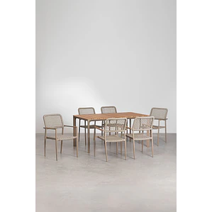 Set de mesa rectangular 160x90 cm en aluminio y madera de teca y 6 sillas apilables en aluminio y cuerda trenzada Elania
