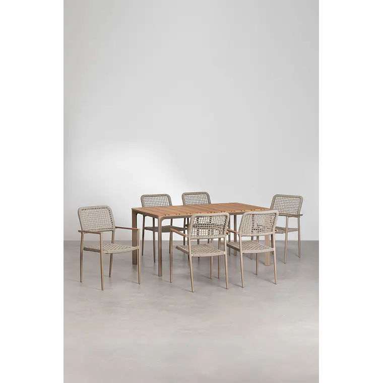 Set de mesa rectangular 160x90 cm en aluminio y madera de teca y 6 sillas apilables en aluminio y cuerda trenzada Elania 2