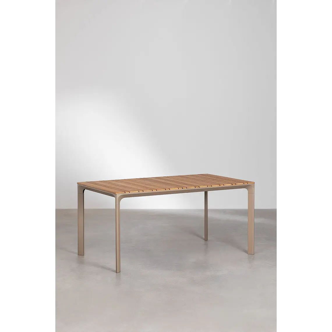Set de mesa rectangular 160x90 cm en aluminio y madera de teca y 6 sillas apilables en aluminio y cuerda trenzada Elania 3