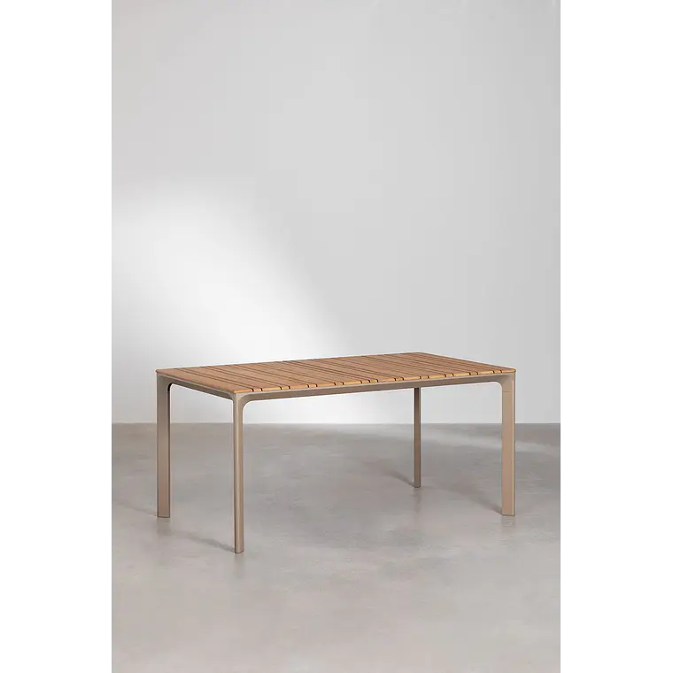 Set de mesa rectangular 160x90 cm en aluminio y madera de teca y 6 sillas apilables en aluminio y cuerda trenzada Elania 3