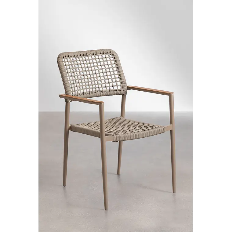 Set de mesa rectangular 160x90 cm en aluminio y madera de teca y 6 sillas apilables en aluminio y cuerda trenzada Elania 6