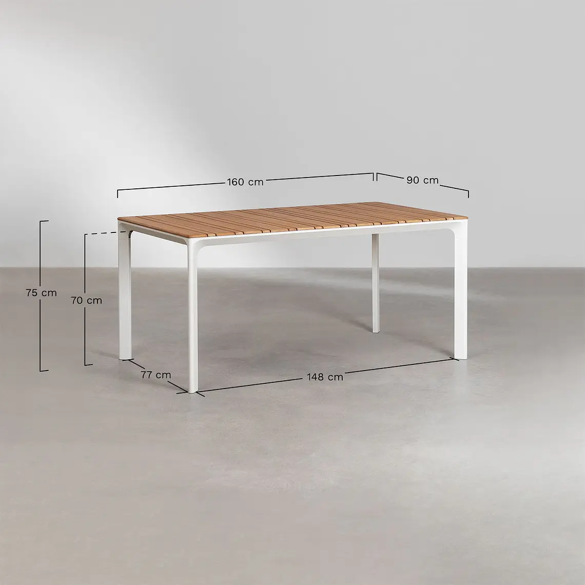 Set de mesa rectangular 160x90 cm en aluminio y madera de teca y 6 sillas apilables en aluminio y cuerda trenzada Elania 10