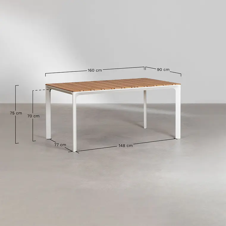 Set de mesa rectangular 160x90 cm en aluminio y madera de teca y 6 sillas apilables en aluminio y cuerda trenzada Elania 10