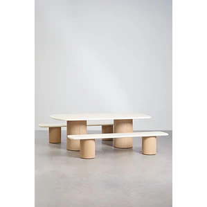 Set de mesa rectangular 230x110 cm y 2 bancos de jardín en cemento y madera de acacia Dorina