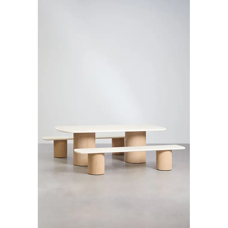 Set de mesa rectangular 230x110 cm y 2 bancos de jardín en cemento y madera de acacia Dorina 1