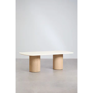 Set de mesa rectangular 230x110 cm y 2 bancos de jardín en cemento y madera de acacia Dorina