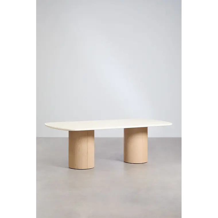 Set de mesa rectangular 230x110 cm y 2 bancos de jardín en cemento y madera de acacia Dorina 2